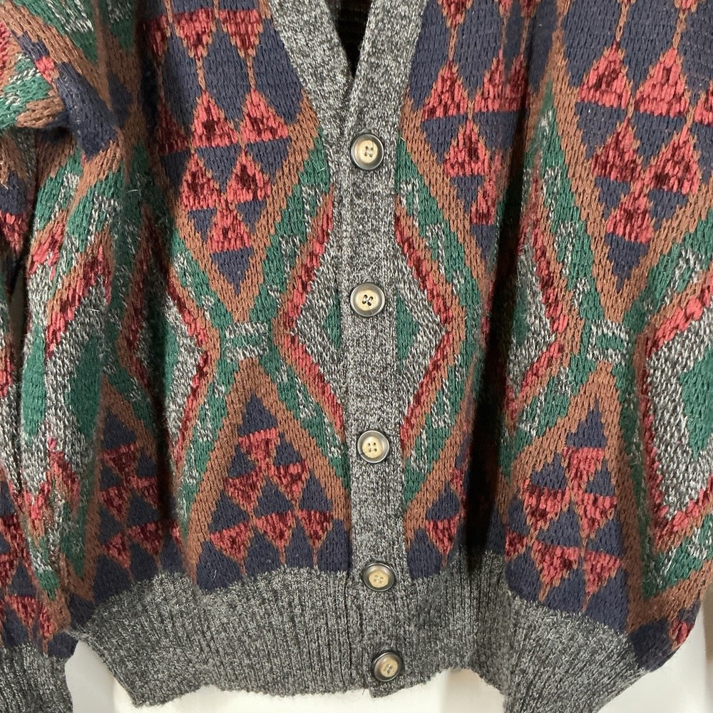 VTG Sears Roebuck Co Knit Cardigan Sweater L Gray Argyle Wool Blend 80s Grandpa - Picture 3 of 4